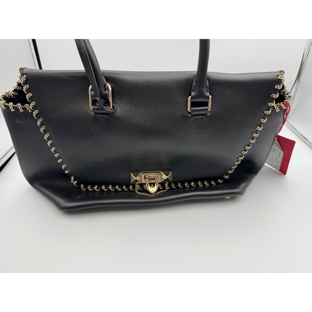 Valentino Bag Womens Black Chain-Trimmed Double Handle Tote Leather
